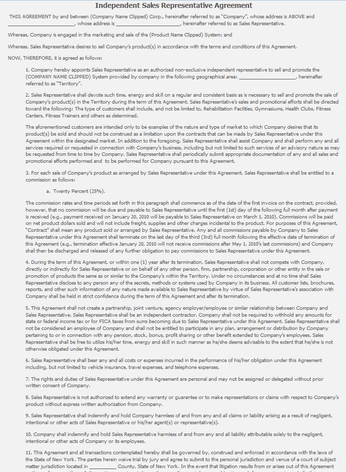 Sample Independent Sales Rep Agreement New York Medcepts